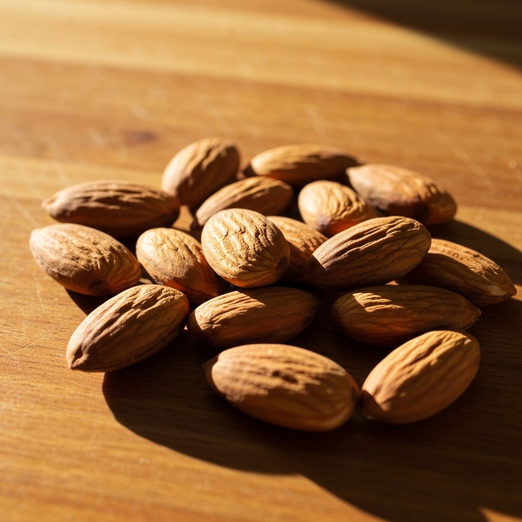 Raw almonds on wooden surface